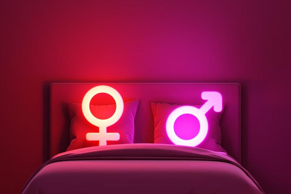 bed with neon male and female symbols