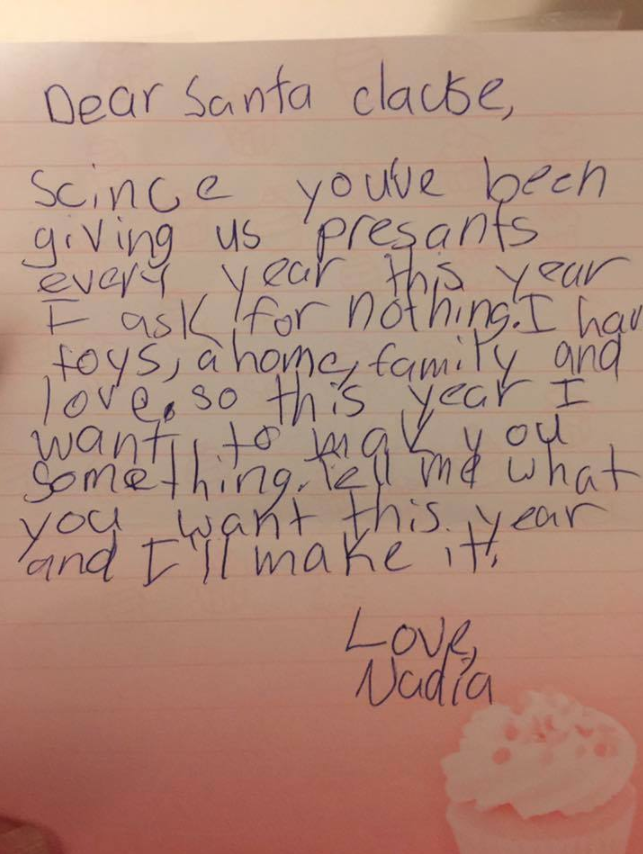 An eight-year-old girl's letter to Santa has gone viral online. Photo: Facebook/Love What Matters