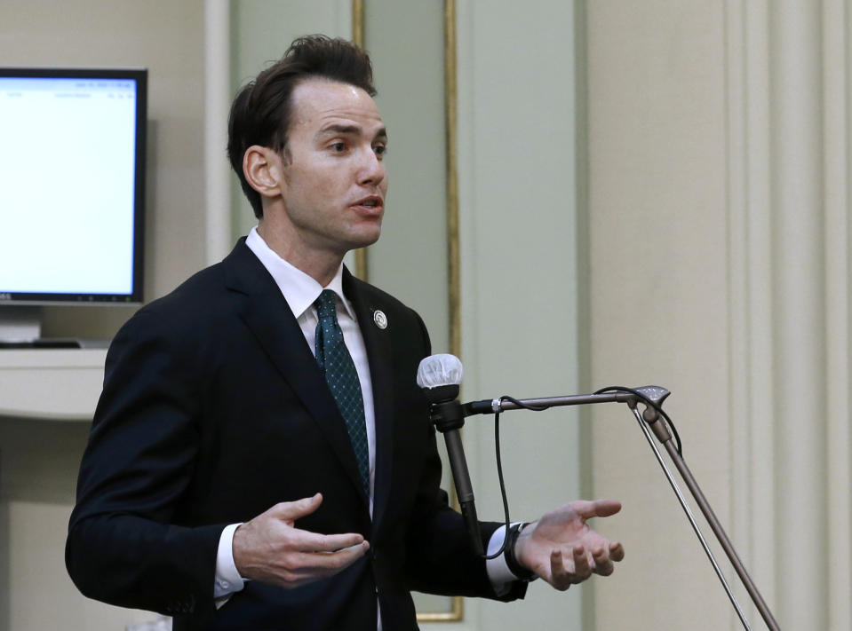 FILE - In this photo taken Monday, June 10, 2020, Assemblyman Kevin Kiley, R-Rocklin, speaks at the Capitol in Sacramento, Calif. Six weeks after California officials announced that Democratic Gov. Gavin Newsom would face an almost certain recall election, the contest remains framed by uncertainty, even the date when it might take place is unclear. (AP Photo/Rich Pedroncelli,File)