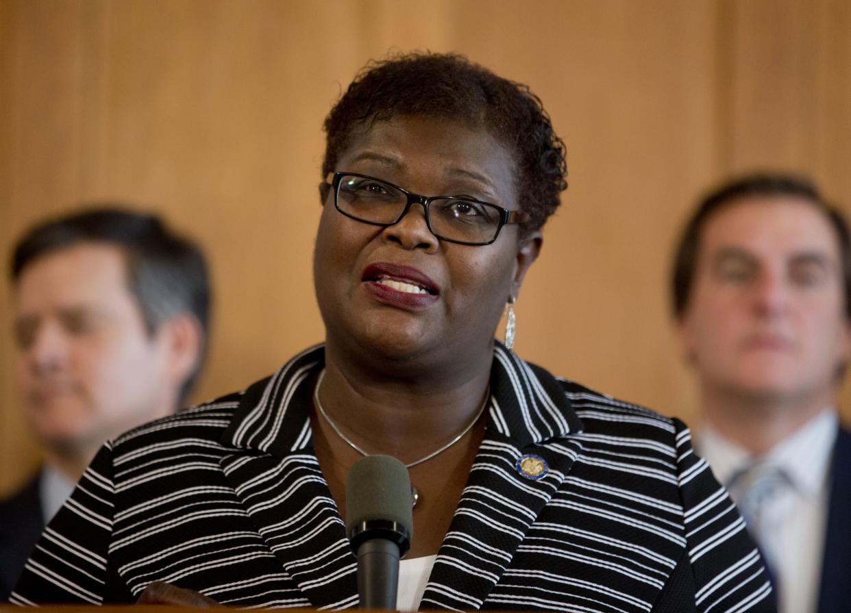 New York Sen. Roxanne Persaud (D-Brooklyn) speaks during a news conference at the Capitol in Albany, New York on Tuesday, Feb. 9, 2016.