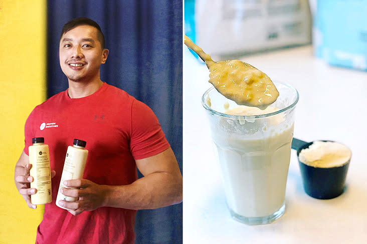 Founder Brian Chia (left). Mixing the smoothie blend with other ingredients to make new beverages (right).