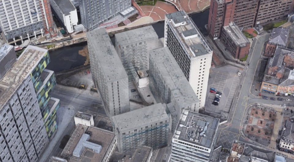 The Google Maps image showing several Manchester buildings from above.