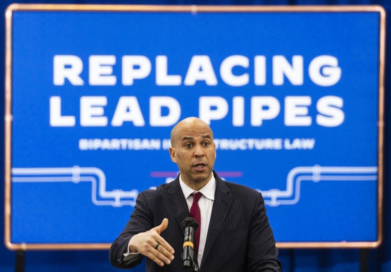 Senator Cory Booker, a Democrat from New Jersey, speaks during a meeting with U.S. Vice President Kamala Harris and residents at the Training Recreation Education Center in Newark, New Jersey, U.S., on Friday, Feb. 11, 2022. Harris is participating in the roundtable to highlight funding in the Bipartisan Infrastructure Law to remove and replace lead pipes. 