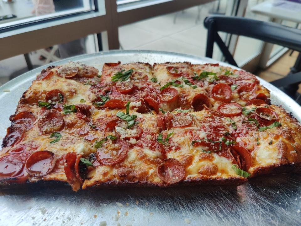 Taglio, located in Over-the-Rhine and Columbia Tusculum, specializes in Detroit-style deep dish. Here's the Pepperoni and Hot Honey.