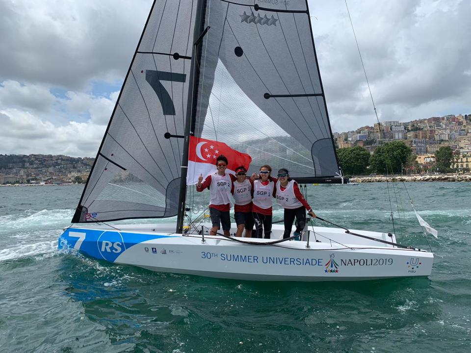 The bronze-winning Singapore sailing team at the 2019 World University Games: (from left) Matthew Scott Lau, Tan Jen-E, Cheryl Teo and Jillian Lee. (PHOTO: International University Sports Federation)