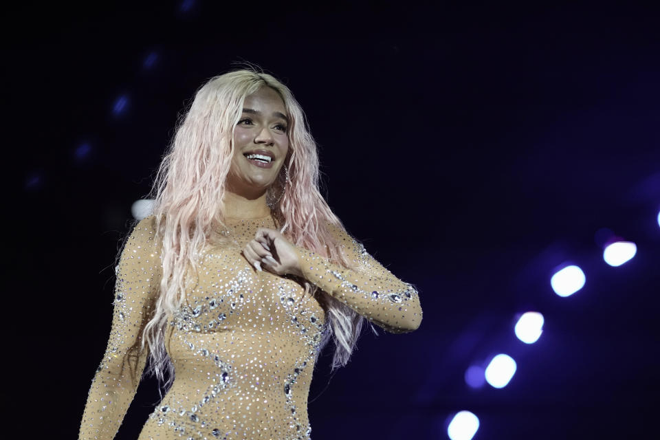 FILE - Karol G performs as part of the "Manana Sera Bonito" tour at Azteca Stadium in Mexico City, Thursday, Feb. 8, 2024. (AP Photo/Eduardo Verdugo, File)