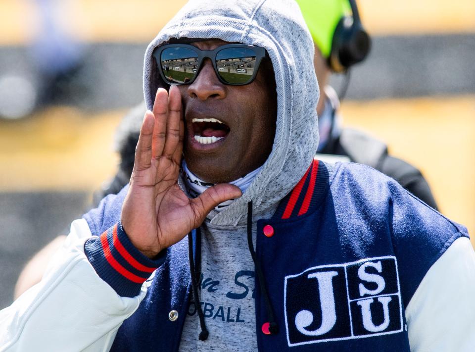 Jackson State coach Deion Sanders during warm-ups before the Alabama State game in March.