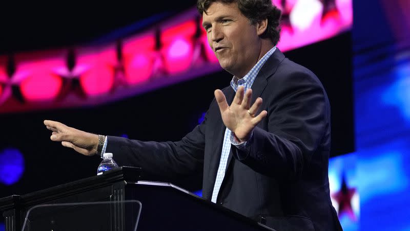 Tucker Carlson speaks at the Turning Point Action conference, Saturday, July 15, 2023, in West Palm Beach, Fla. Carlson launched a new streaming service, “The Tucker Carlson Network,” on Monday. 