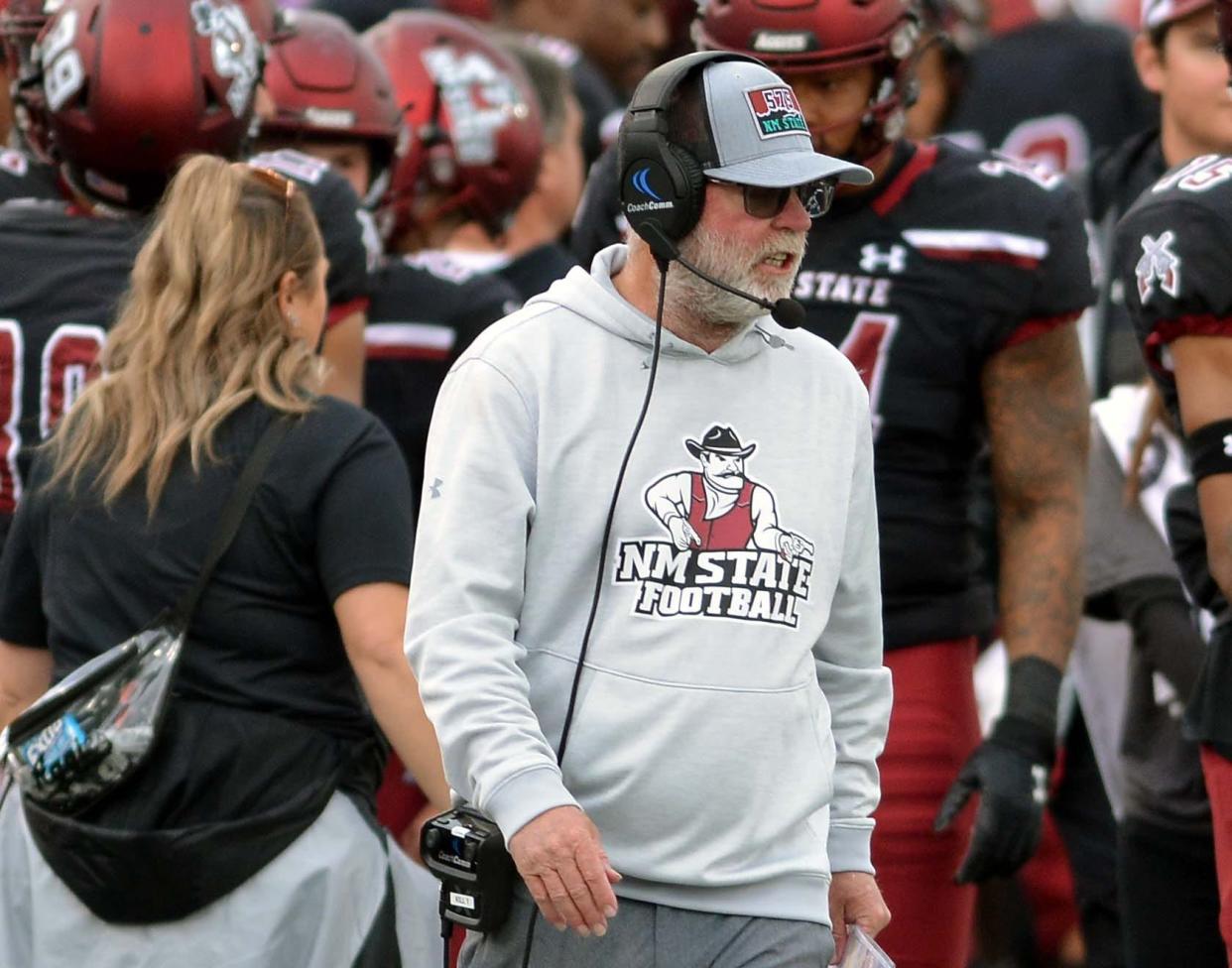 Aggie head coach Jerry Kill paces the sideline on Saturday as NMSU took on the Valparaiso Beacons at Aggie Memorial Stadium.