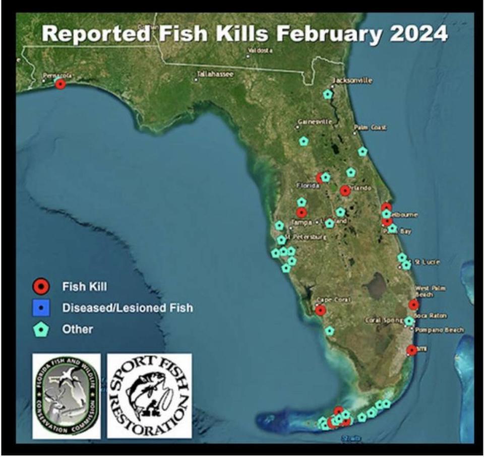 A map of reported fish kills across the state in the month of February.