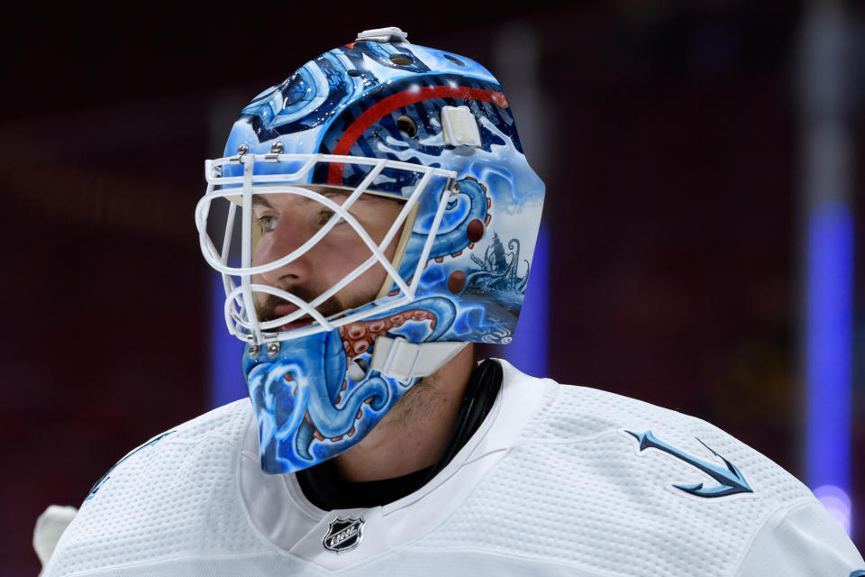 VANCOUVER, BC - OCTOBER 05: Seattle Kraken goaltender Chris Driedger (60) looks up ice during warmup prior to their preseason NHL game against the Vancouver Canucks on October 5, 2021 at Rogers Arena in Vancouver, British Columbia, Canada. (Photo by Derek Cain/Icon Sportswire via Getty Images)