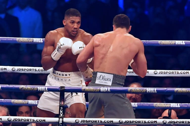 Britain's Anthony Joshua (L) looks for an opening against Ukraine's Wladimir Klitschko during the third round of their IBF, IBO and WBA, world heavyweight title fight, at Wembley Stadium in London, on April 29, 2017