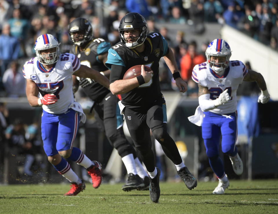 Jacksonville Jaguars quarterback Blake Bortles had more rushing yards (88) than passing yards (87) in his team’s win over the Buffalo Bills. (AP)