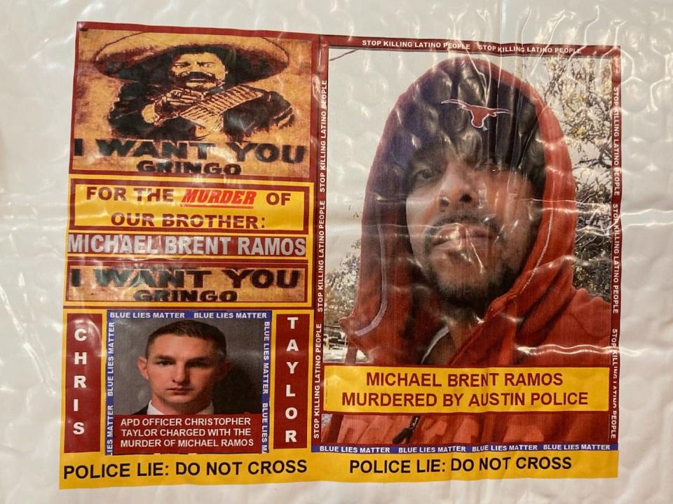 A photo of the flyer found on two potential jurors' cars in May that led to the initial trial of Christopher Taylor, accused of killing Michael Ramos while on police duty in 2020, being declared a mistrial.