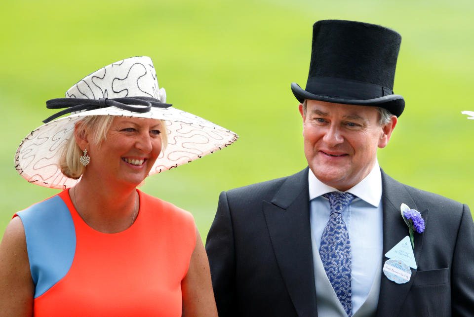 ASCOT, UNITED KINGDOM - JUNE 20: (EMBARGOED FOR PUBLICATION IN UK NEWSPAPERS UNTIL 48 HOURS AFTER CREATE DATE AND TIME) Hugh Bonneville (accompanied by his wife Lulu Williams) attends day 5 of Royal Ascot at Ascot Racecourse on June 20, 2015 in Ascot, England. (Photo by Max Mumby/Indigo/Getty Images)