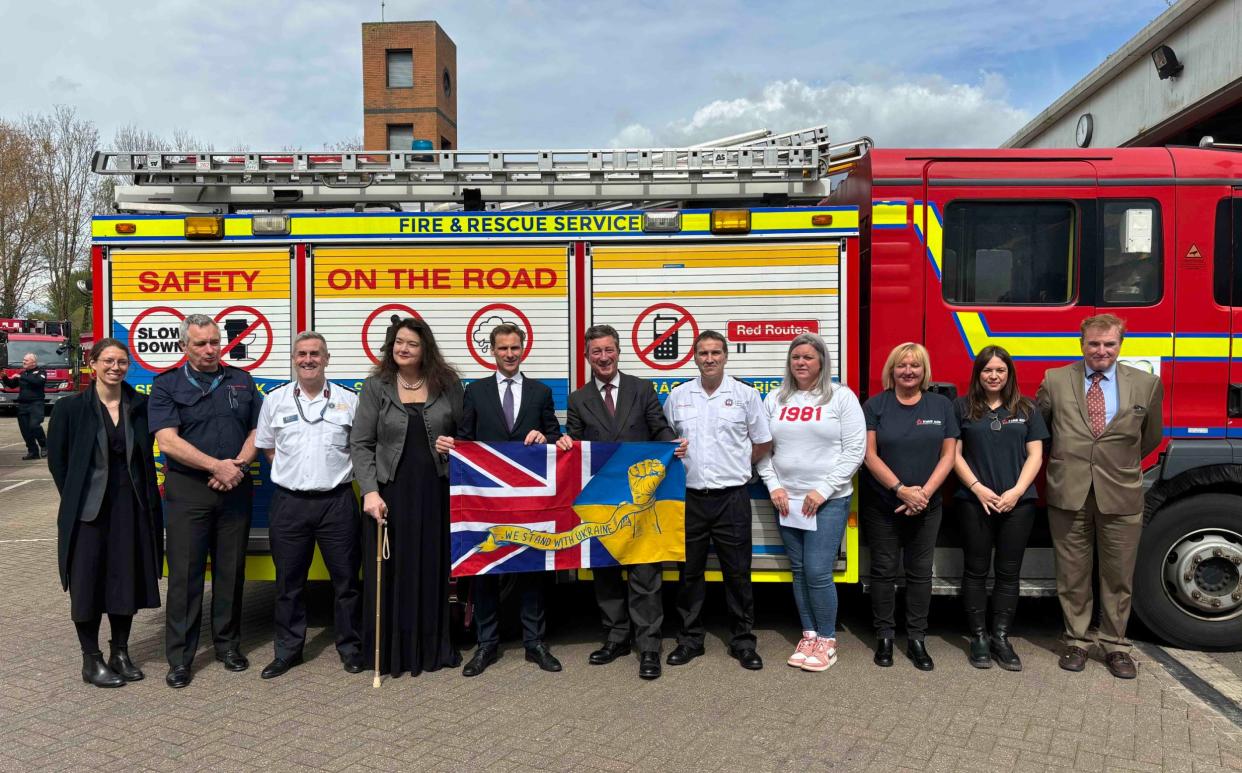 Minister Chris Philp with representatives from NFCC, National Resilience, Fire Aid, Fire Industry Association, and Kent Fire and Rescue Service