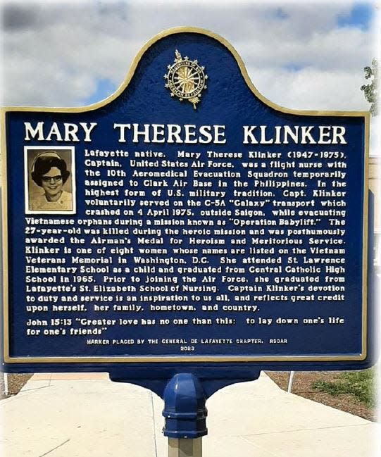 This memorial plaque to Air Force Capt. Mary Klinker is dedicated Thursday, Nov. 2, 2023. The memorial is created by the Daughters of the American Revolution, the General de Lafayette Chapter, and it is in the front of Central Catholic High School, from where Klinker graduated in 1965. Klinker died April 4, 1975, while on a mission to evacuate Vietnamese orphans from Saigon, South Vietnam, before it toppled to North Vietnam forces.
