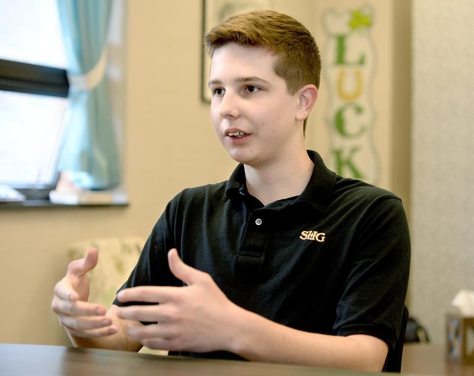 Sacred Heart-Griffin senior Elliott Woehrmann talks about voting for the first time during an interview at the school Wednesday, March 13, 2024.