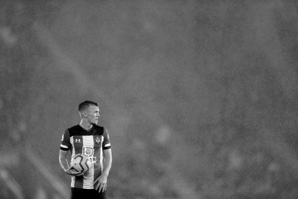 SOUTHAMPTON, ENGLAND - OCTOBER 25: (EDITORS NOTE - This image has been converted to black and white) James Ward-Prowse of Southampton looks on during the Premier League match between Southampton FC and Leicester City at St Mary's Stadium on October 25, 2019 in Southampton, United Kingdom. (Photo by Naomi Baker/Getty Images)