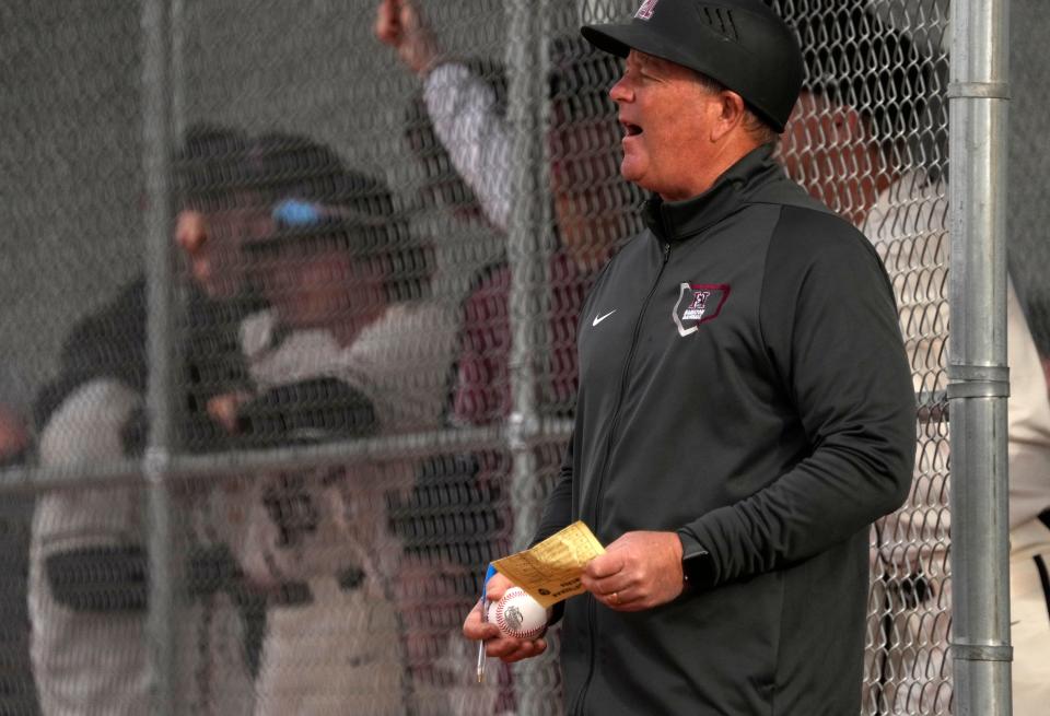 Hamilton's head coach Mike Woods yells at his team during a high school baseball game against Orange Lutheran at Bell Bank Park Legacy Sports Complex in Mesa on Feb. 23, 2023.