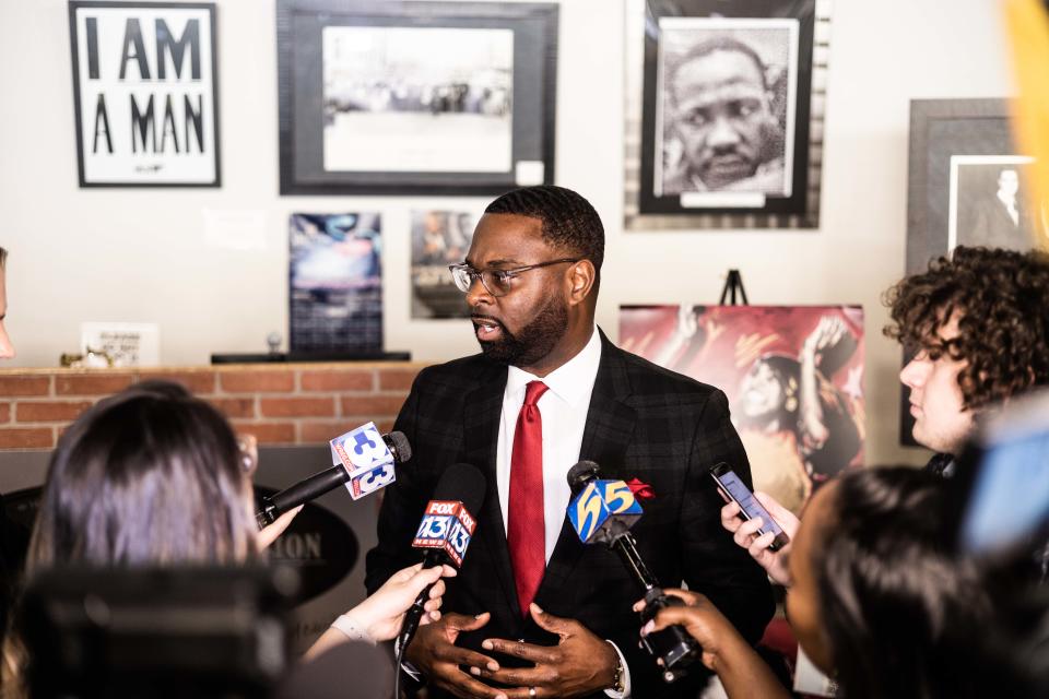 Mayor Paul Young speaks to the press after the announcement, through the partnerships of the Tennessee Department of Tourist Development and Memphis tourism, of the Withers Collection Museum & Gallery becoming a new Tennessee site on the U.S. Civil Rights Trail at 333 Beale Street on Tuesday, Feb. 06, 2024 in Memphis, Tenn.