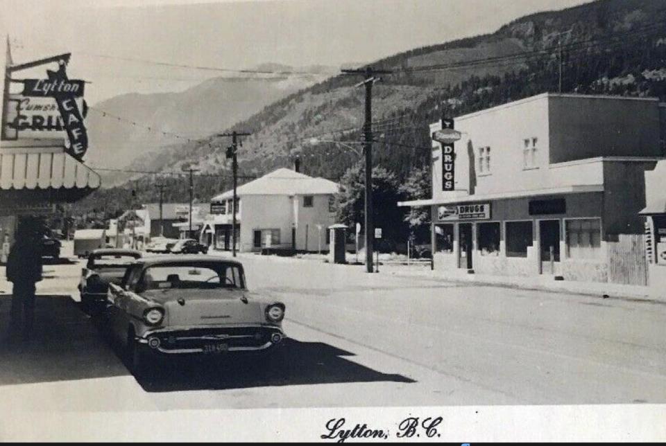 A black and white postcard shows what Lytton looked like long ago.