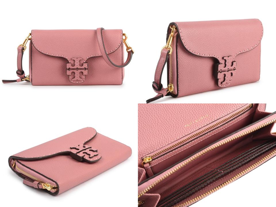 TORY BURCH MCGRAW 立體浮雕雙T皮革LOGO 荔枝紋皮革翻蓋式長夾/斜背包-粉紅色 雙T浮雕LOOG標誌，高質感荔枝紋皮革