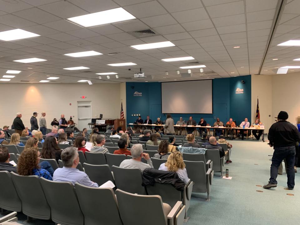 AB Tech's Ferguson Auditorium during the Jan. 23, 2024, Planning Board listening session on short-term rental regulations.