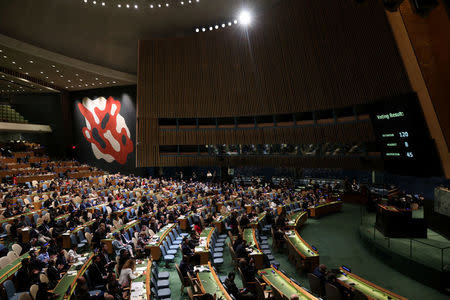 The United Nations General Assembly votes to adopt a draft resolution to deplore the use of excessive force by Israeli troops against Palestinian civilians at U.N. headquarters in New York, U.S., June 13, 2018. REUTERS/Mike Segar