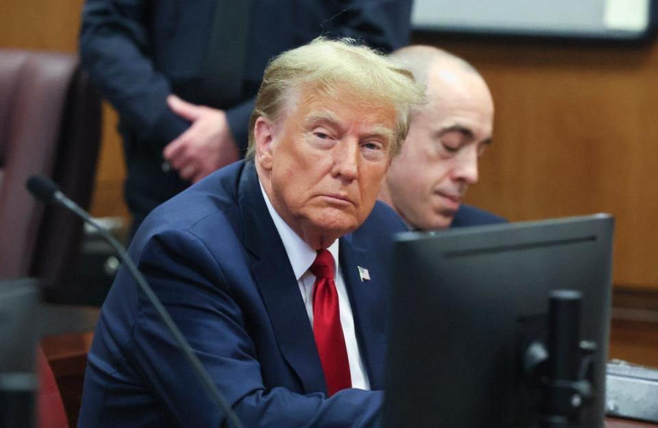 Donald Trump appears inside a Manhattan criminal court room for a pretrial hearing in his so-called hush-money case on 15 February. (Getty Images)