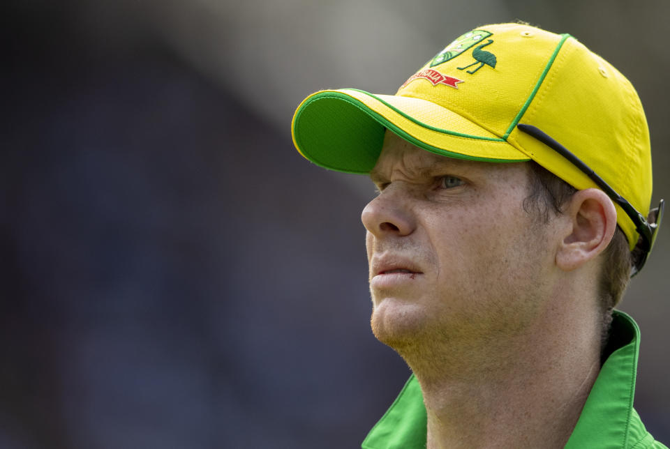 Australia's Steven Smith looks on during the 2nd T20 cricket match between South Africa and Australia at St George's Park in Port Elizabeth, South Africa, Sunday, Feb. 23, 2020. (AP Photo/Themba Hadebe)