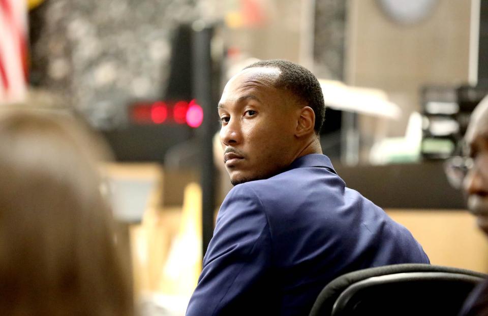 Former Florida State University football standout Travis Rudolph turns towards the audience at Palm Beach County courthouse during his murder trial June 5, 2023 in West Palm Beach.