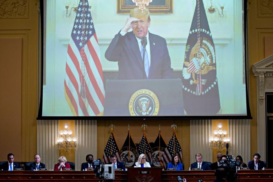 An unedited video of then-President Donald Trump recording an address to the nation on January 7, 2021, is displayed on a screen during a hearing by the House Select Committee to investigate the January 6th attack on the US Capitol.