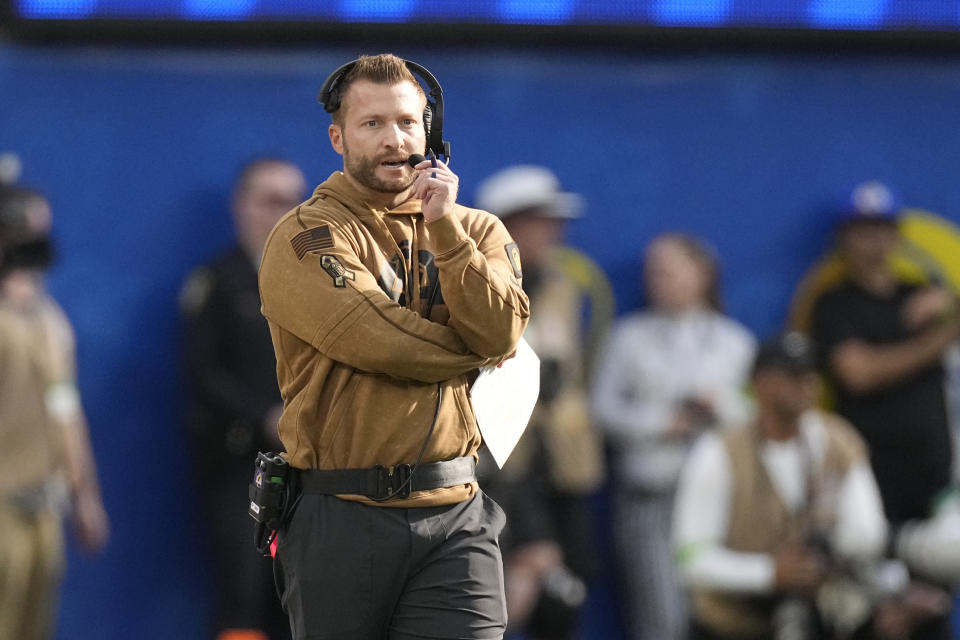 Los Angeles Rams head coach Sean McVay talks on the sideline during the first half of an NFL football game Sunday, Nov. 19, 2023, in Inglewood, Calif. (AP Photo/Mark J. Terrill)
