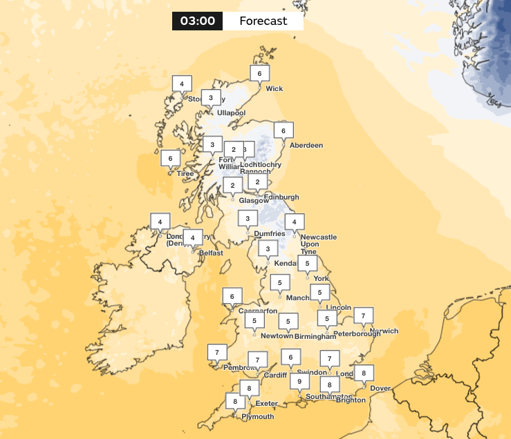 Forecast temperatures at 3am on Sunday. (Met Office)