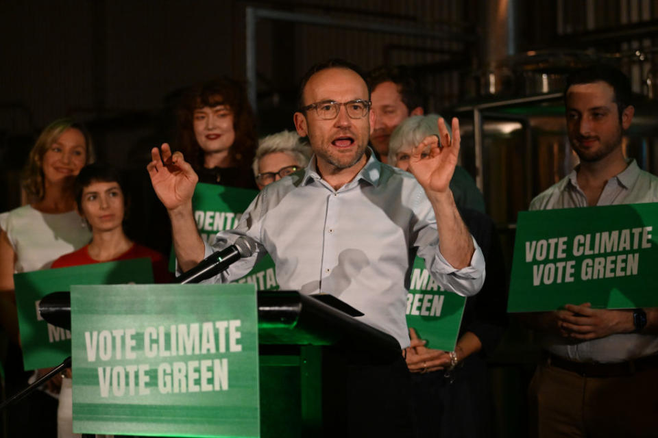 Greens leader Adam Bandt speaks during the Greens national campaign launch at Black Hops Brewery in Brisbane, Australia on May 16, 2022.<span class="copyright">Dan Peled—Getty Images</span>