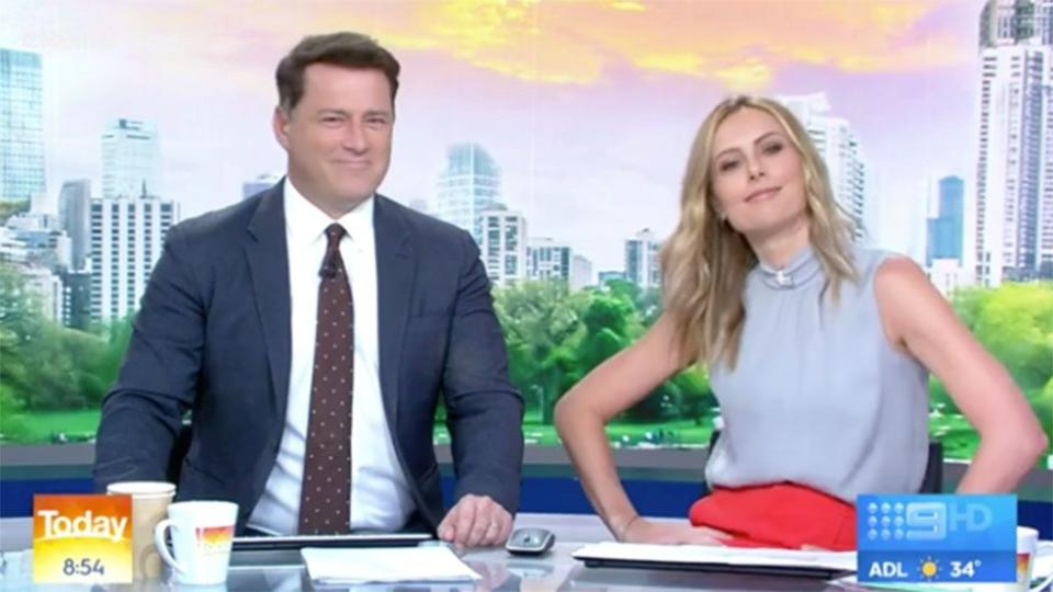 Karl Stefanovic and Ally Langdon appear on Today Ally dancing on right