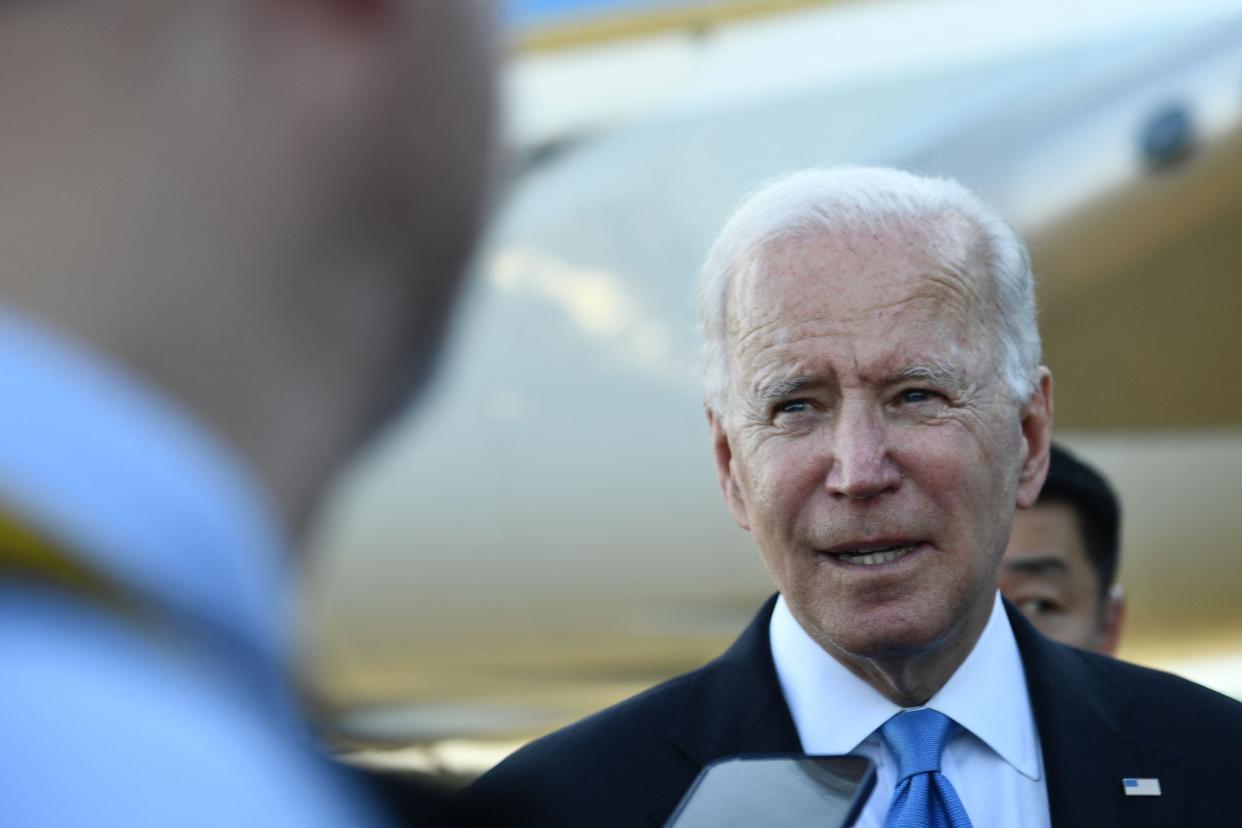 US President Joe Biden speaks with press, preparing departing the airport, after the US-Russia summit in Geneva on June 16, 2021. (AFP via Getty Images)