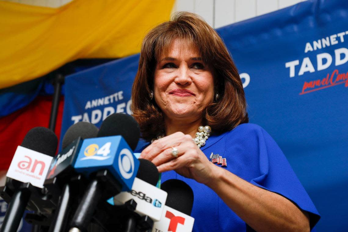 State Sen. Annette Taddeo speaks to supporters after losing the race to represent Florida’s 27th Congressional District against incumbent U.S. Rep. Maria Elvira Salazar. Taddeo spoke at a watch party at her campaign headquarters at The Shops At Sunset Place in South Miami, Florida, Tuesday, Nov. 8, 2022.