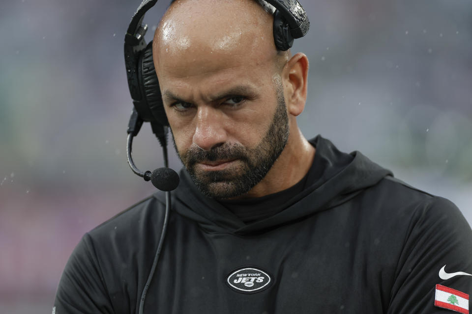 New York Jets head coach Robert Saleh works the sidelines during the first half of an NFL football game against the New York Giants, Sunday, Oct. 29, 2023, in East Rutherford, N.J. (AP Photo/Adam Hunger)