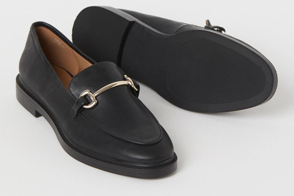 loafers, black, leather, gold, horsebit, hm