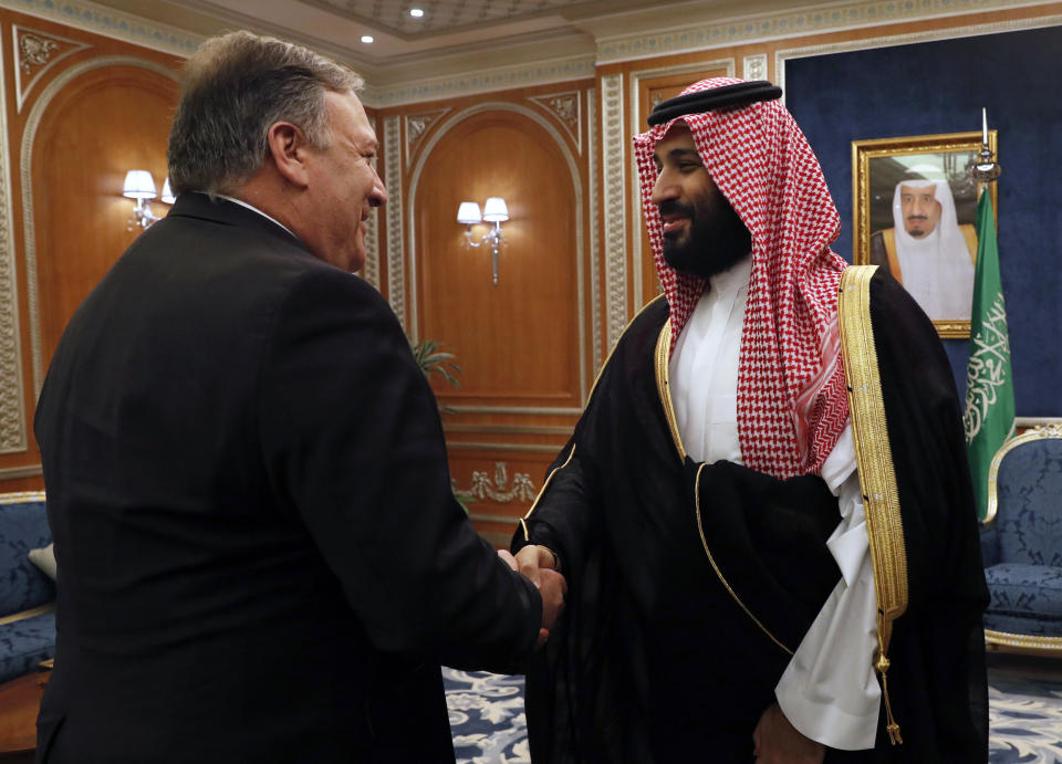 Pompeo's meeting with Saudi Crown Prince Mohammed Bin Salman after the Saudis' murder of American resident Jamal Khashoggi was little more than a friendly photo op. (Photo: LEAH MILLIS via Getty Images)