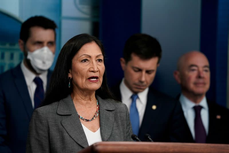 FILE PHOTO: Cabinet members and senior officials speak about the bipartisan infrastructure law at the White House in Washington