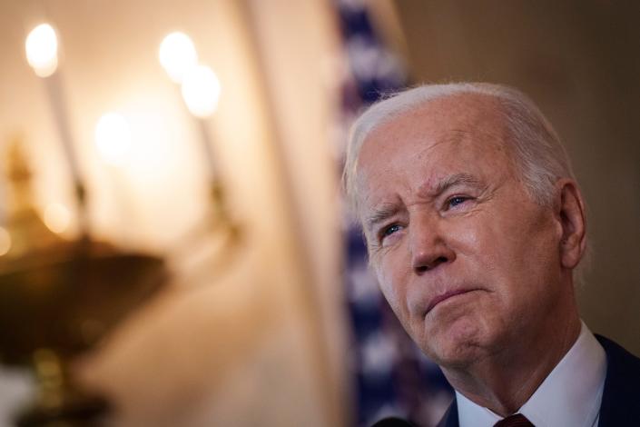 President Joe Biden delivers remarks on the one-year anniversary of the mass shooting in Uvalde, Texas at the Grand Staircase of the White House on May 24, 2023 in Washington, DC. 19 children and two teachers were killed when a gunman entered Robb Elementary School in Uvalde, Texas, opening fire on students and faculty.