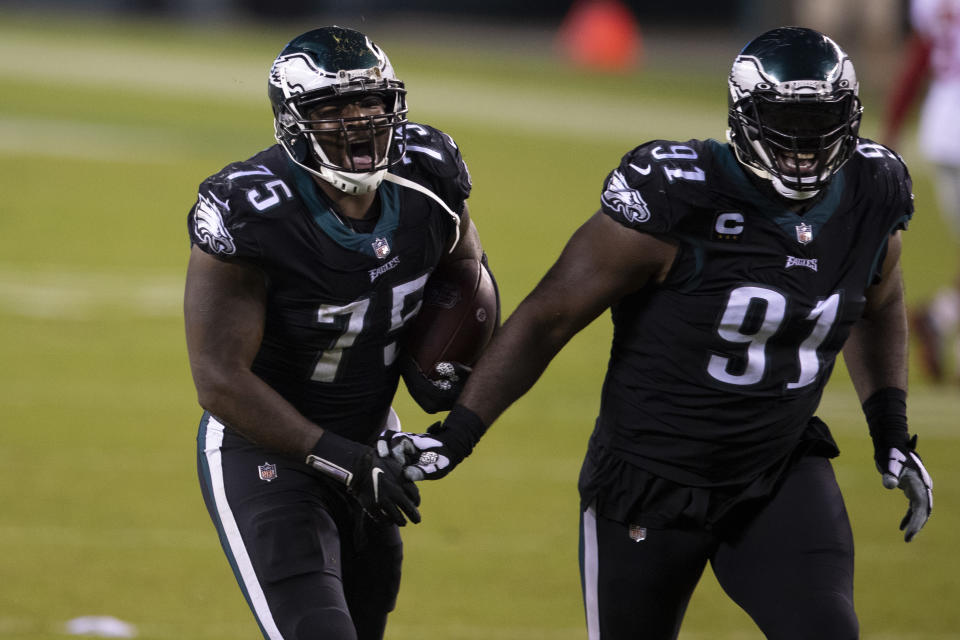 Vinny Curry #75 and Fletcher Cox #91 of the Philadelphia Eagles 