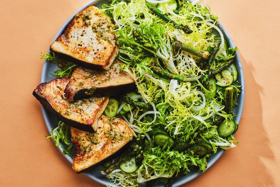 <h1 class="title">Swordfish Steaks with Asparagus and Frisée Salad Fearless Fish</h1><cite class="credit">Photo by Chelsea Kyle, Food Styling by Olivia Mack Anderson</cite>