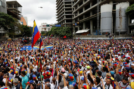 Demonstrators wave as the helicopter passes while rallying against Venezuela's President Nicolas Maduro in Caracas, Venezuela May 1, 2017. REUTERS/Carlos Garcia Rawlins