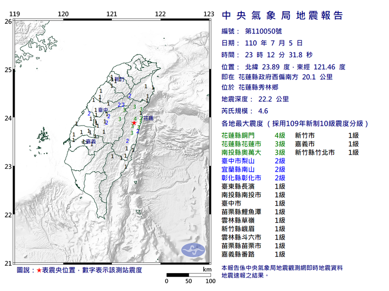 晚間花蓮發生芮氏規模4.6地震，震央位在花蓮縣政府西偏南方20.1公里，位於花蓮縣秀林鄉，地震深度僅22.2公里。（翻攝自中央氣象局）