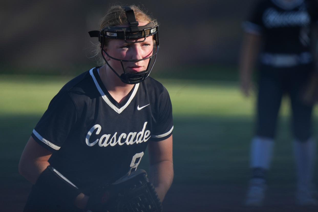 Cascade Cadets Grace Gray (9) prepares to pitch against the Cascade Cadets on Tuesday, April 30, 2024, at Lutheran High School in Indianapolis. The Cascade Cadets defeated the Lutheran Saints 9-1.