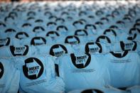 FILE - In this Tuesday, May 21, 2019 file photo, t-shirts are placed on chairs before a Brexit Party rally in London. Farage's Brexit Party is leading opinion polls in the contest for 73 U.K. seats in the 751-seat European Parliament. The European Parliament elections have never been so hotly anticipated or contested, with many predicting that this year’s ballot will mark a coming-of-age moment for the euroskeptic far-right movement. The elections start Thursday May 23, 2019 and run through Sunday May 26 and are taking place in all of the European Union’s 28 nations. (AP Photo/Frank Augstein, File)